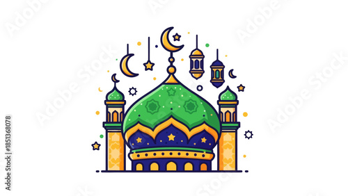 Colorful Islamic Mosque Illustration Featuring Minarets and Crescent Moons