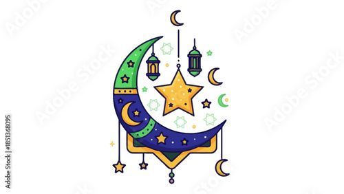 Whimsical Crescent Moon with Lanterns and Star Decorations in Night Sky Scene