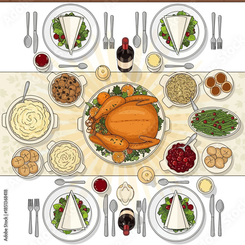 Thanksgiving or holiday turkey dinner with various side dishes and beverages arranged on a