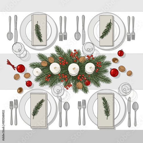Elegant Christmas holiday table setting with pine branches candles and festive decorations