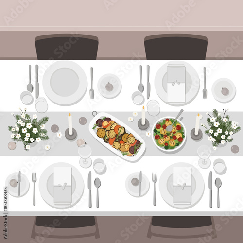 Elegant formal dinner table setup with floral centerpieces and assorted dishes perfect for