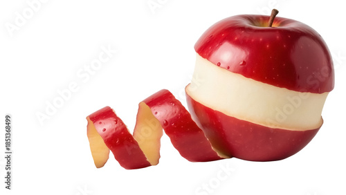 Canvas Print Red apple with peeled skin isolated PNG, fresh fruit with spiral peel on transpa