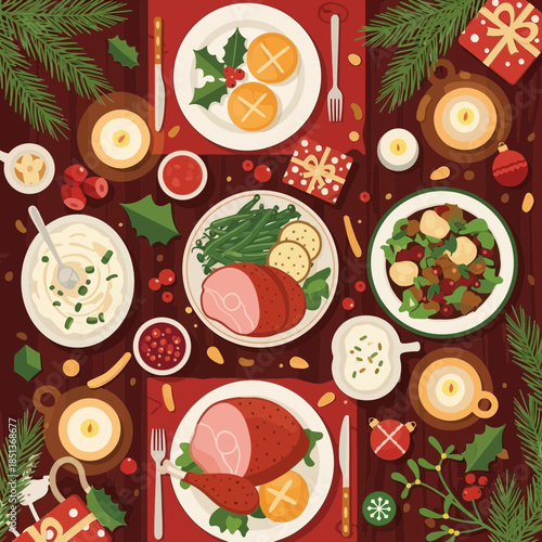 Festive Christmas Dinner with Traditional Roasted Meat and Holiday Decorations