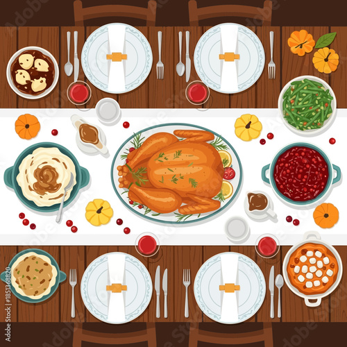 Festive Thanksgiving Dinner Table Setting Featuring Roast Turkey and Seasonal Sides