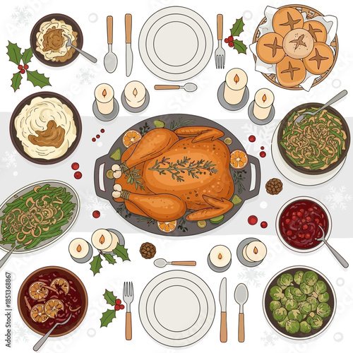Festive Thanksgiving Dinner Table with Roast Turkey and Traditional Sides