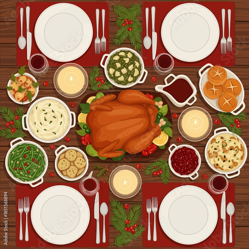 Festive Thanksgiving Dinner Table with Roasted Turkey and Classic Sides for Celebratory Gathering