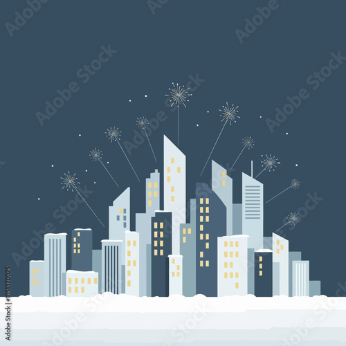 Celebratory Cityscape with Fireworks Display Over Modern Skyscrapers at Night