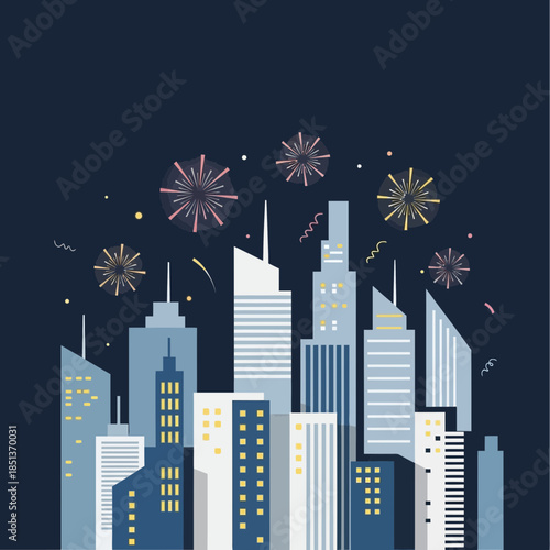 Celebratory cityscape with fireworks illuminating a modern urban skyline at night