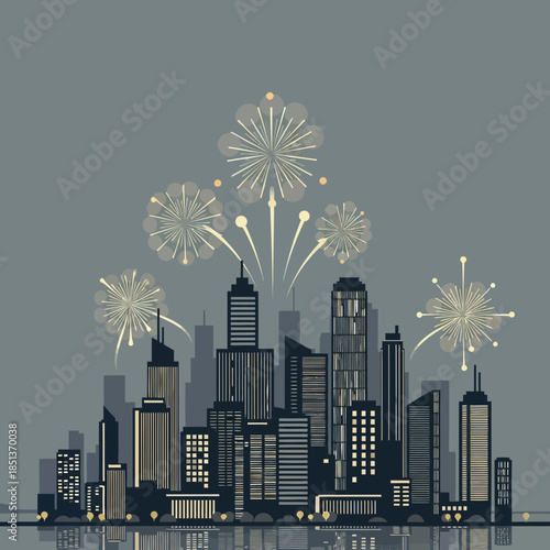 Celebratory fireworks display over a modern city skyline at night illuminating the urban landscape
