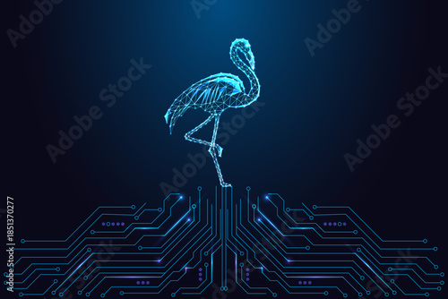 Digital flamingo low-poly bird above circuit board symbolizing tech nature and innovation