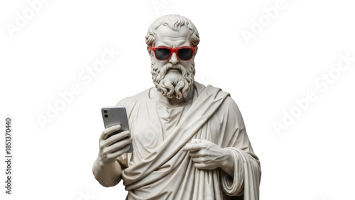 Bild auf Leinwand Statue of a man with sunglasses and smartphone isolated PNG, ancient sculpture w