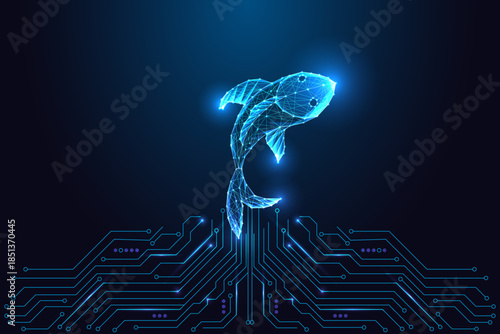 Futuristic polygon fish with glowing mesh and digital technology theme, 
