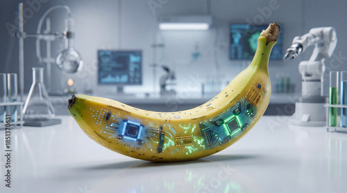 Futuristic biotech banana with nano microcircuits in lab
