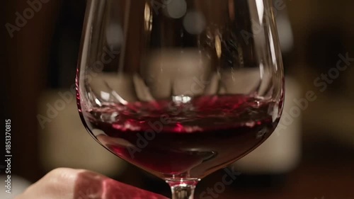 A captivating close-up of a vibrant red wine being elegantly swirled in a clear crystal glass, highlighting the rich color and inviting texture of the sophisticated beverage