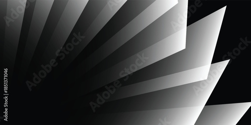 Abstract geometric background with radiating grey and white gradient shapes creating a dynamic fan-like pattern on a dark backdrop.