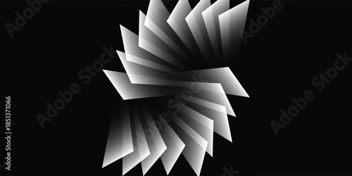 Abstract black and white geometric pattern with swirling, fanning shapes creating a dynamic visual effect on a dark background.