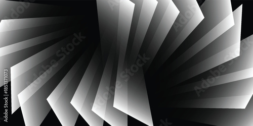 Abstract black and white geometric pattern with fanned out, layered shapes creating a dynamic visual effect and a sense of depth.