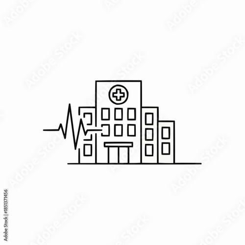 Modern hospital building with medical cross and heartbeat line
