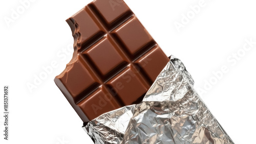Fotografie Milk chocolate bar with bite mark isolated PNG, unwrapped in silver foil on tran