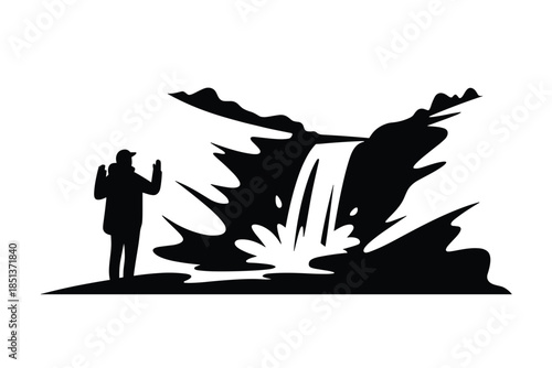 Person Admiring a Powerful Waterfall Silhouette, nature concept