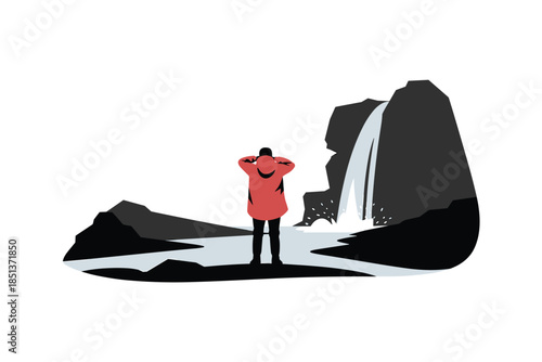 Hiker Admiring a Majestic Waterfall in a Minimalist Landscape, adventure concept