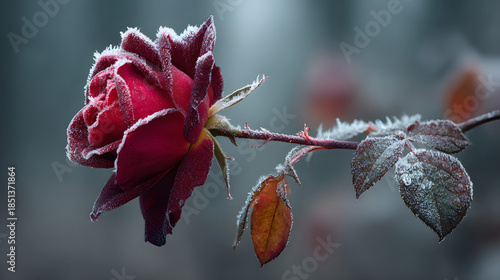 Zeitraffer Video: rote Rose mit Raureif blüht auf, Nahaufnahme