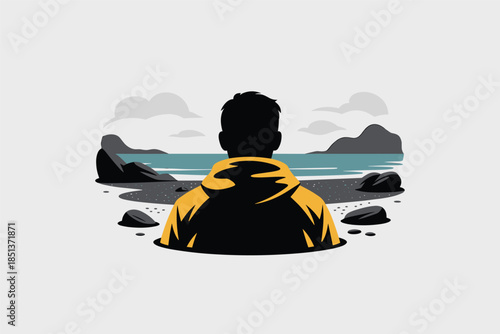 Solitary Figure Gazing at a Serene Seascape, peace concept