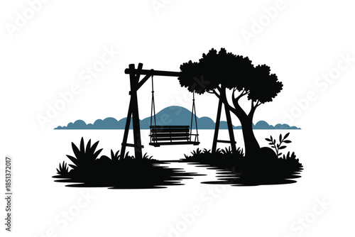 Peaceful Swing Set Silhouette Landscape, childhood concept