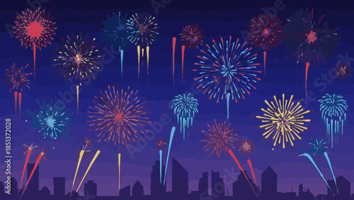Colorful fireworks bursting in night sky over city skyline  