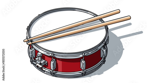 Red snare drum with wooden drumsticks on white background  