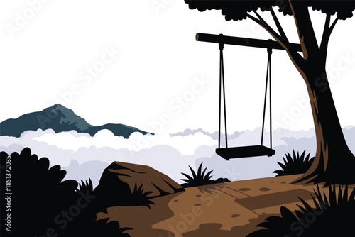 Peaceful Swing Over Misty Mountain Peaks, dream concept