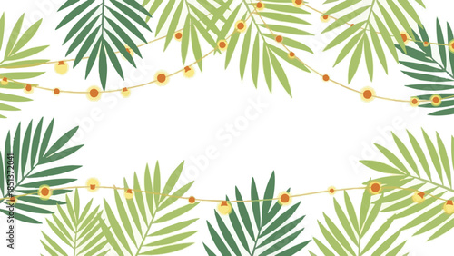 Palm leaves and decorative lights in tropical style on white background  