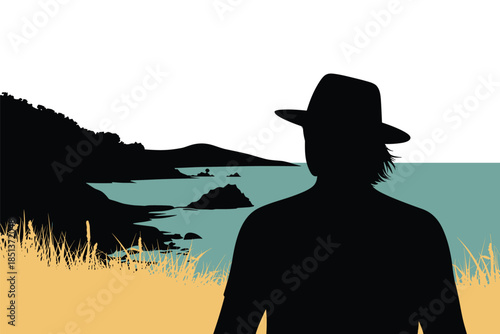 Silhouette of a Person Gazing at a Serene Coastal Landscape, calm concept
