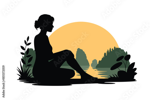 Serene Silhouette by the Water at Sunset, meditation concept