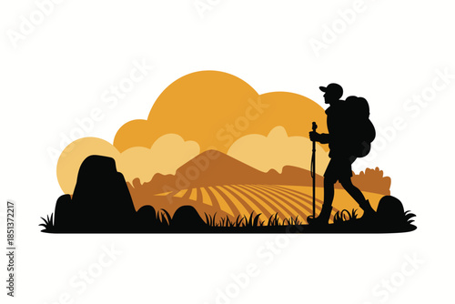 Hiker Silhouette in a Warm Sunset Landscape, inspiration concept