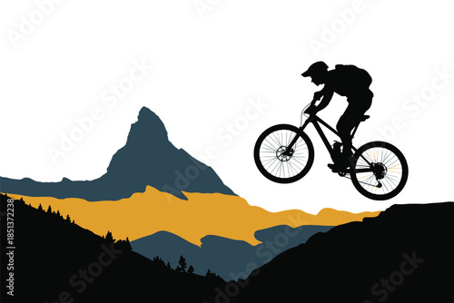 Mountain Biker Jumping Over a Gap in a Mountain Landscape Silhouette, extreme sports concept