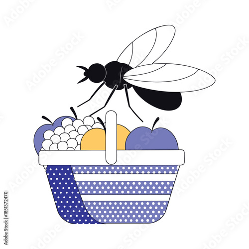 A fly lands on a fruit basket filled with fresh berries and apples, representing a summer harvest and outdoor pest concept