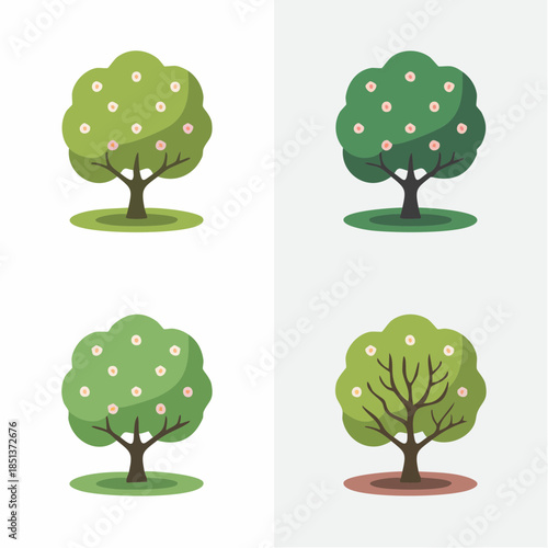 Four cartoon fruit trees with green foliage and pink blossoms in various styles isolated on white background