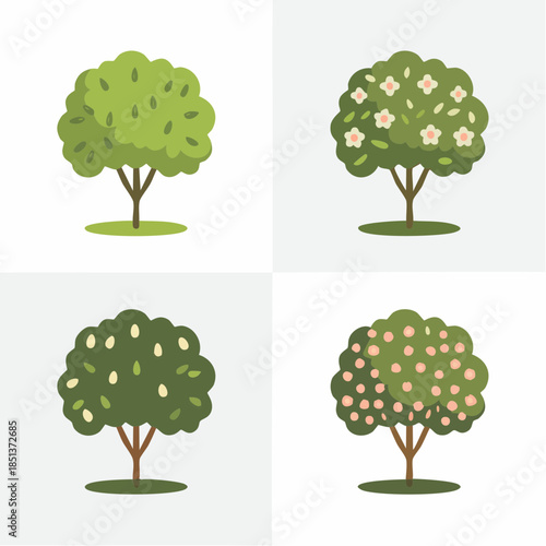Four different seasonal fruit trees collection, stylized vector icons representing orchard plants in bloom and bearing fruit