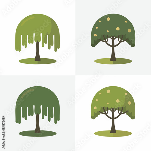 Tree icons set, weeping willow illustration, flowering deciduous plant graphic, nature element collection, green seasonal foliage