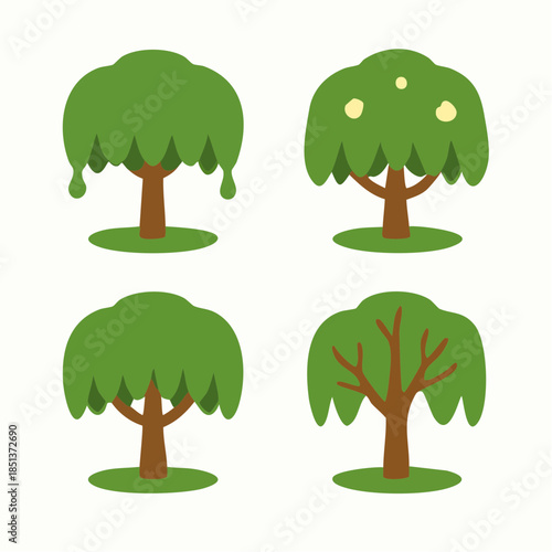 Four cartoon weeping willow trees collection, simple stylized nature elements, deciduous flora icons, spring season art, green foliage graphic