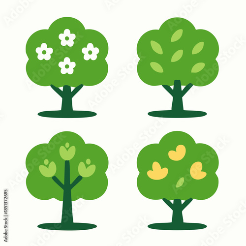 Four stages of tree growth cartoon icon set spring blossom summer foliage fruit set illustration