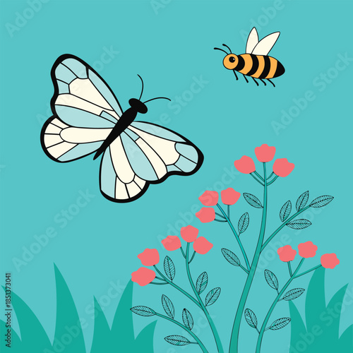 Illustration of a butterfly and a bee flying over a flowering plant against a blue background