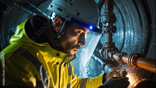 Worker in yellow jacket welding pipes inside a large industrial metal tank