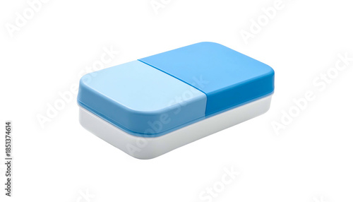 A dual-toned rectangular eraser with a light blue and dark blue section over white base