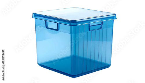 A transparent, blue storage bin with a lid and integrated handles