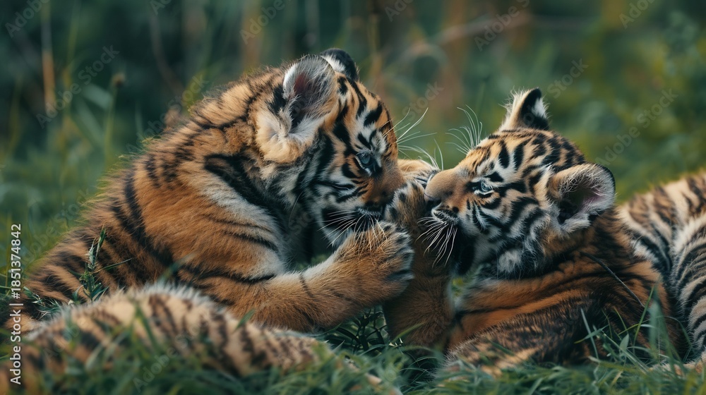 Obraz premium Photorealistic Bengal tiger cub wrestling playfully sibling soft grass cinematic color grading ultra sharp 8k resolution realistic body proportion plain neutral background raw DSLR photo natural