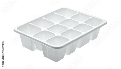 A white plastic tray with twelve square compartments, likely for making ice cubes, on black