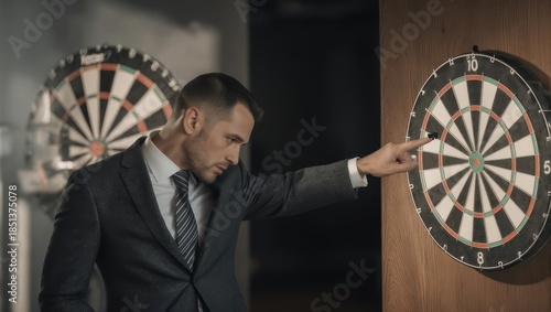 Focused businessman in suit pointing at dartboard in a dimly lit room.