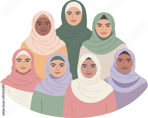 Diverse Muslim Women Vector Graphic Illustration, Multicultural Female Characters, Hijab Clipart, Cultural Diversity Artwork, Inclusive Representation